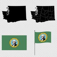 Set of map and map with province, flag and flagpole of Washington state. illustration. vector