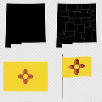 Set of map and map with province, flag and flagpole of New Mexico state. illustration. vector