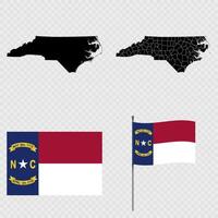 Set of map and map with province, flag and flagpole of North Carolina state. illustration. vector