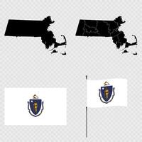 Set of map and map with province, flag and flagpole of Massachusetts state. illustration. vector