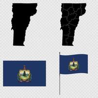 Set of map and map with province, flag and flagpole of Vermont state. illustration. vector