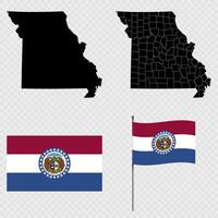 Set of map and map with province, flag and flagpole of Missouri state. illustration. vector