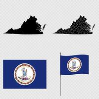 Set of map and map with province, flag and flagpole of Virginia state. illustration. vector