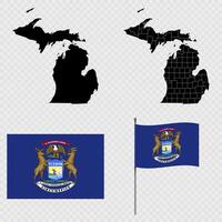 Set of map and map with province, flag and flagpole of Michigan state. illustration. vector