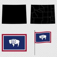 Set of map and map with province, flag and flagpole of Wyoming state. illustration. vector