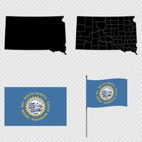Set of map and map with province, flag and flagpole of South Dakota state. illustration. vector