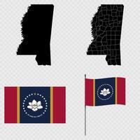 Set of map and map with province, flag and flagpole of Mississippi state. illustration. vector