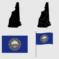 Set of map and map with province, flag and flagpole of New Hampshire state. illustration. vector