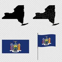 Set of map and map with province, flag and flagpole of New York state. illustration. vector