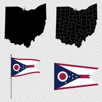 Set of map and map with province, flag and flagpole of Ohio state. illustration. vector