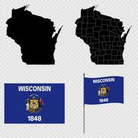 Set of map and map with province, flag and flagpole of Wisconsin state. illustration. vector