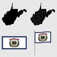 Set of map and map with province, flag and flagpole of West Virginia state. illustration. vector