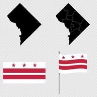 Set of map and map with province, flag and flagpole of Washington DC. illustration. vector