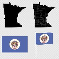 Set of map and map with province, flag and flagpole of Minnesota state. illustration. vector
