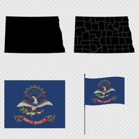 Set of map and map with province, flag and flagpole of North Dakota state. illustration. vector