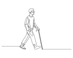 one line drawing of a man walking with a cane vector