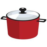 Red cooking pot with a glass lid, featuring two black handles and a black knob on the lid. Perfect for simmering, boiling, and cooking various dishes vector