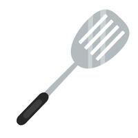 Gray slotted spatula with a black handle, ideal for flipping or turning food while cooking. Features slots for draining liquids or oils vector