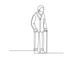 An elderly person standing and holding a cane for support, wearing a long sleeved shirt and pants Captures simplicity and the essence of aging with dignity. continuous line drawing design illustration vector