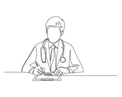 A doctor writing on a clipboard, wearing a stethoscope, symbolizing the medical profession, healthcare, and professional consultation. Continuous line drawing design for health care illustration vector