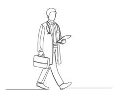 a doctor walking with a briefcase and tab in a lab coat and stethoscope. Healthcare professional in a clean, artistic style illustration vector