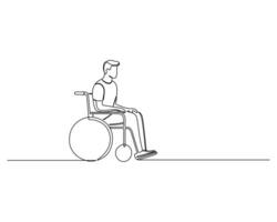 a person seated in a wheelchair, facing to the right, with hands on armrests and legs extended Ideal for themes of accessibility and inclusivity. continuous line drawing design for health care vector