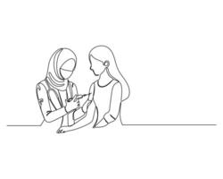 young healthcare professional in hijab administering a vaccine to a seated patient, both wearing face masks Highlights the importance of vaccinations and public health. continuous line drawing design vector