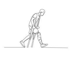 A person walking with crutches, showing resilience and mobility support Depicts the use of assistive devices and adaptation in daily life. continuous line drawing design for health care illustration vector