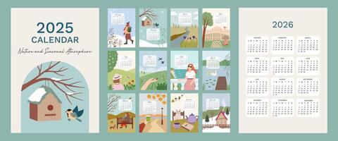 Calendar 2025 with hand drawn illistrations inspired by nature and seasons. Week start from Sunday vector