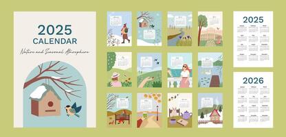 Calendar 2025 with hand drawn illistrations inspired by nature and seasons. Week start from Monday vector
