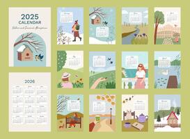Illustrated Calendar 2025 inspired by nature and seasons. Week start fron Monday. Suitable for A4 A3 A5 size vector