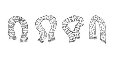 Knitted scarf doodle set Hand drawn winter accessories Single design element for card, print, design, decor vector