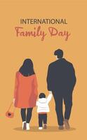 Family day. Parents day. flat illustration parents on a walk with a child holding hands. View from the back. Minimalistic style with space for text. Ideal for a holiday card, poster, web vector