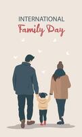 Family day. Parents day. flat illustration parents on a walk with their daughter holding hands. View from the back. Minimalistic style with space for text. Ideal for a holiday card, poster, web vector