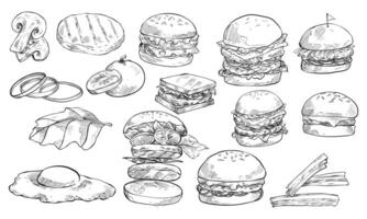hamburger ingredient handdrawn collection vector