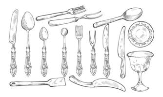 vintage table setting dinner handdrawn collection vector