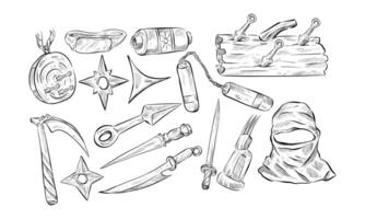 Ninja equipment handdrawn collection vector