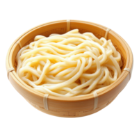 Cooked Udon Noodles in a Wooden Bowl, on transparent background png