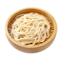 Steamed Udon Noodles in a Wooden Bowl, on transparent background png