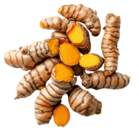 A Collection of Fresh Turmeric Roots Sliced Open, on transparent background png