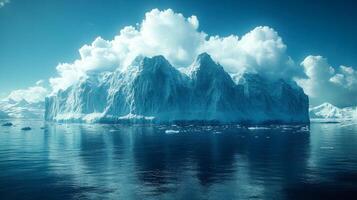 An iceberg floating in the ocean with clouds photo
