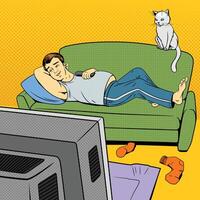 Man lying on couch sofa and lazy watching TV illustration. Comic book imitation vector
