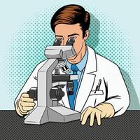 Medical scientist with microscope pop art retro style illustration. Comic book imitation vector