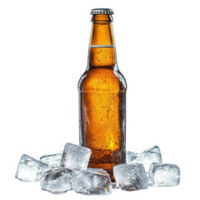 frío cerveza botella rodeado por hielo cubitos, en transparente antecedentes png