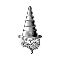 black and white illustration of a brain using a traffic cone vector