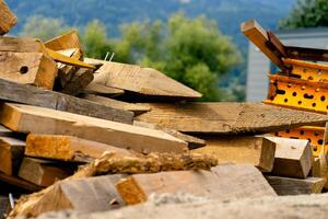 Various building materials and fixtures near a house under construction photo