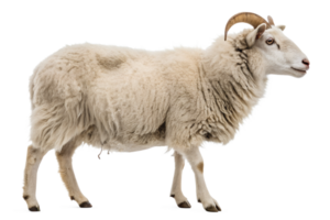 Wooly sheep with curved horns stands in profile png
