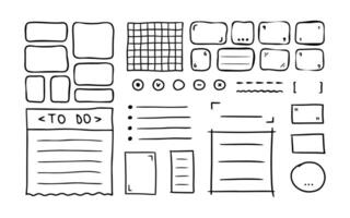 Hand drawn underlines, speech bubbles, shapes, frames, arrows, strokes, check marks, spiral. Text box. Bullet journal elements. Sketch emphasis by pen, pencil or marker. design elements set. vector