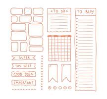Doodle red bullet journal, textbox, simple set. Hand drawn elements, lists, month names, stickers, planner labels. Sketch scribble style. illustration for diary, planner, notebook vector