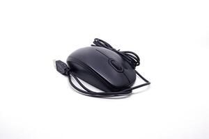 A black computer mouse on a white background photo